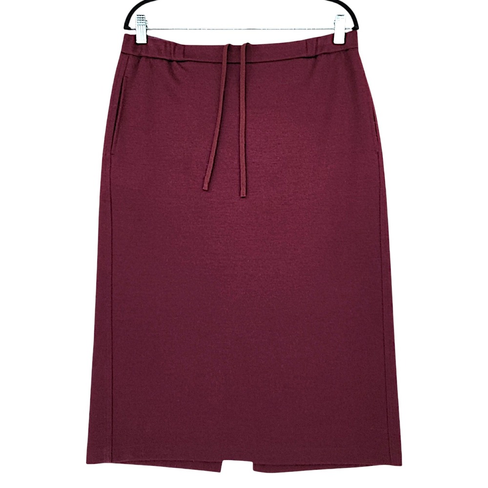 Uniqlo Wool Midi Skirt L Womens Burgundy Red Elastic Drawstring Back Vent Office